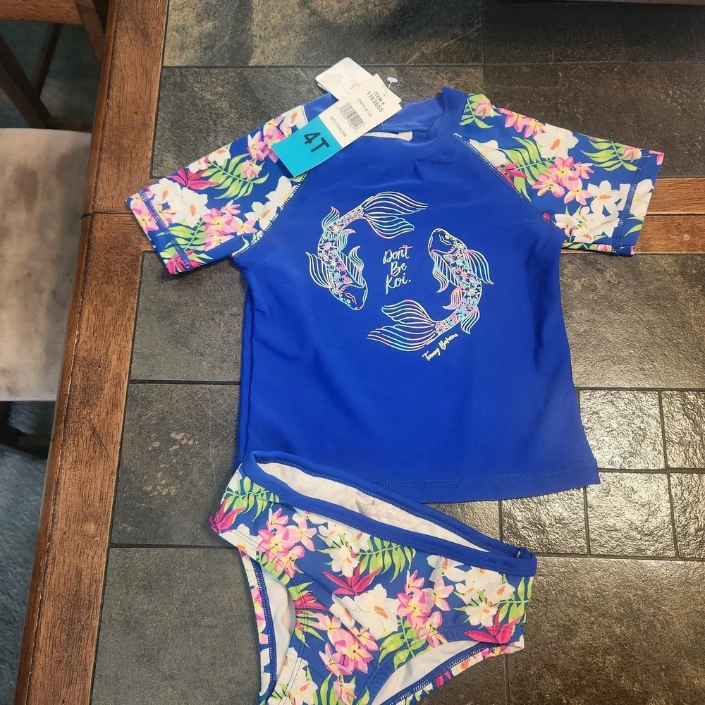 Tommy Bahama Girls Swim 4T 2-Piece Short Sleeve Top Rash Guard upf 50 NWT